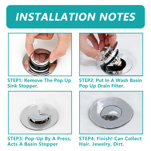 Universal Bathroom Stainless Steel Sink Plug, Non-overflowing Bouncing Copper Core Sink Plug, Bathroom Drain Filter, Push-type Sink Plug With Filter, Suitable For Inner Diameter 34-40 mm (Silver)