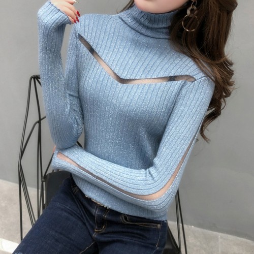 Autumn And Winter Highneck Longsleeved Stitching Bright Silk Knit Bottoming Shirt