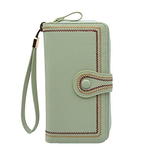 2021 Fashion Women Long Leather Wallet Clutch Zipper Pockets Card Large Capacity RFID Blocking Holder Organizer Bifold Wallets (Green)