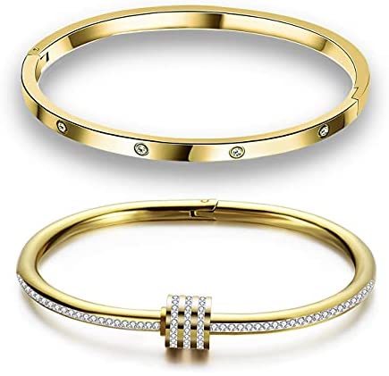 Gold/Rose/White Gold Plated Love Friendship Bracelet Personality Stackable Stainless Steel Bangle with Cubic Zirconia Crystal Bangle Bracelets Present Gift for Women Teen Girls