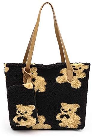 Totes Bag + Small Handbag Bear Fluffy Plush Faux Fur Winter Soft Warm Messenger Fuzzy Handbag Shoulder Work Bag