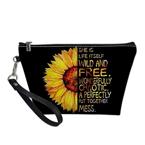 Snilety Floral Makeup Bag for Women Daisy Printed Black Large Cosmetic Bags Teens Travel Water Resistant Bag Multifuncition Pencil Holder