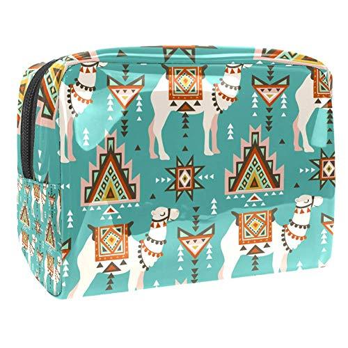 Blue Pattern Camels And Ethnic Motifs Desert Boho Pink Animal PVC Makeup Bag Cosmetic Organizer Multifuncition Travel Makeup Bags Waterproof Toiletry Bag with Zipper for Women