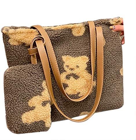 Totes Bag + Small Handbag Bear Fluffy Plush Faux Fur Winter Soft Warm Messenger Fuzzy Handbag Shoulder Work Bag