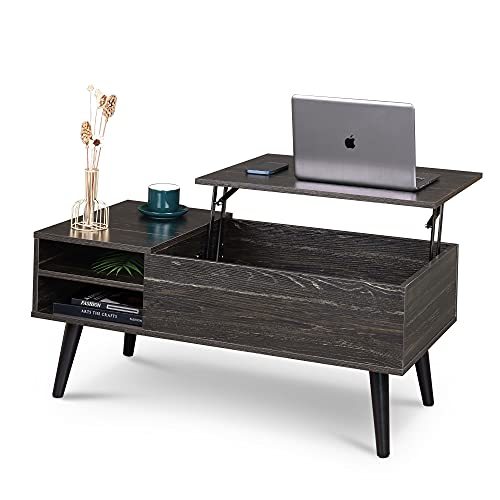 Wood Lift Top Coffee Table with Hidden Compartment and Adjustable Storage Shelf, Lift Tabletop Dining Table for Home Living Room, Office, Charcoal Black