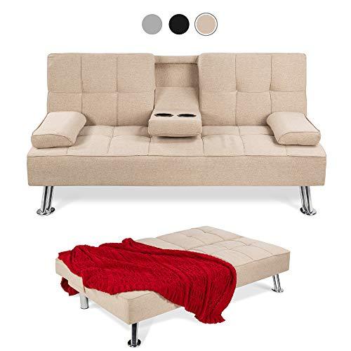 Upholstered Modern Convertible Folding Futon Sofa Bed for Compact Living Space, Apartment, Dorm, Bonus Room w/Removable Armrests, Metal Legs, 2 Cupholders - Beige