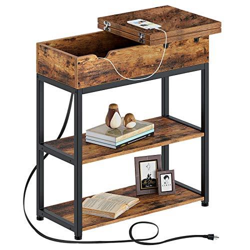 Table with Charging Station, Narrow Flip Top End Side Table with Storage Shelf and USB Ports & Power Outlets for Small Spaces, Nightstand Sofa Table for Living Room, Bedroom Rustic Brown