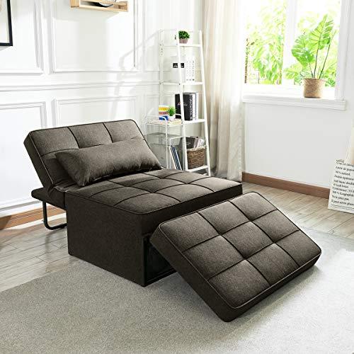 Sofa Bed, Convertible Chair 4 in 1 Multi-Function Folding Ottoman Modern Breathable Linen Guest Bed with Adjustable Sleeper for Small Room Apartment, Chocolate Brown
