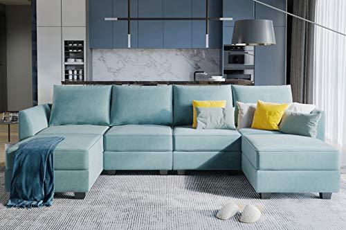 Convertible Sectional Sofa U Shaped Couch with Reversible Chaise Modular Oversized Couch Sectional Sofa with Ottomans, Aqua Blue