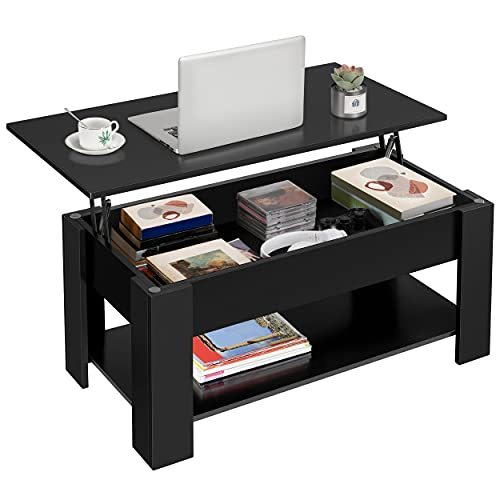 Lift Top Coffee Table with Hidden Compartment and Storage Shelf, Rising Tabletop Dining Table for Living Room Reception Room, 38.6in L, Black