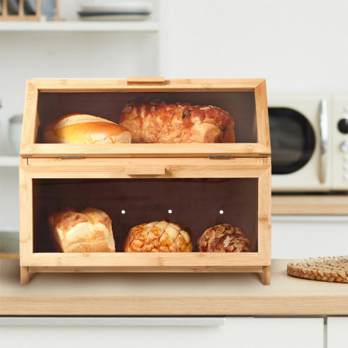 Bamboo Bread Box WITH HUMIDITY MONITOR - 2 Layer Bread Storage for Kitchen - Smooth Finish Wood Large Bread Box - Farmhouse Style