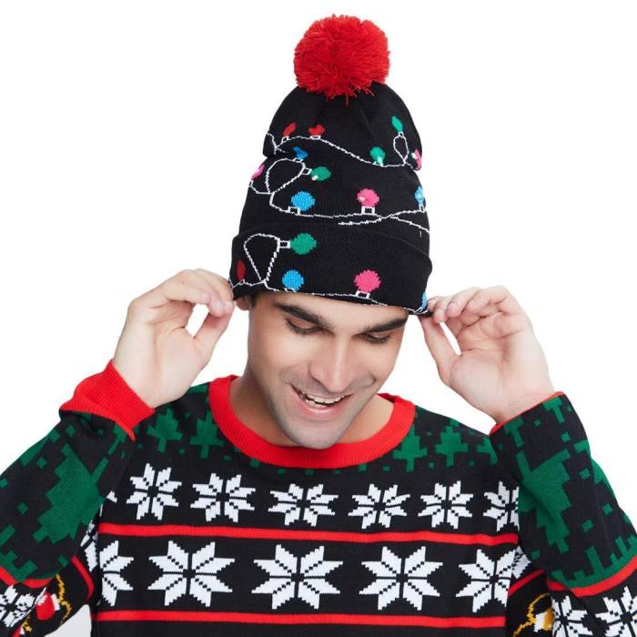 Led Light-Up Knitted Ugly Sweater Holiday Black Hat Xmas Christmas Beanies For Christmas Party