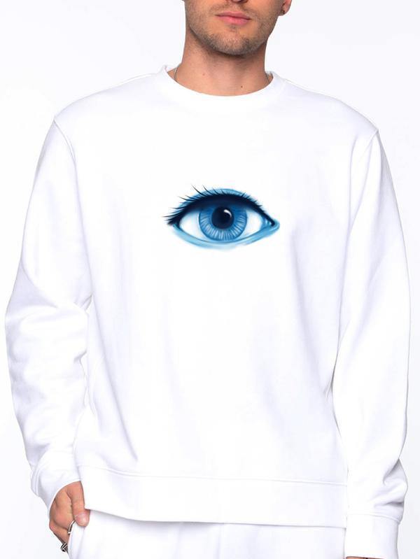 Crew Neck Eye Graphic White Sweatshirt For Men