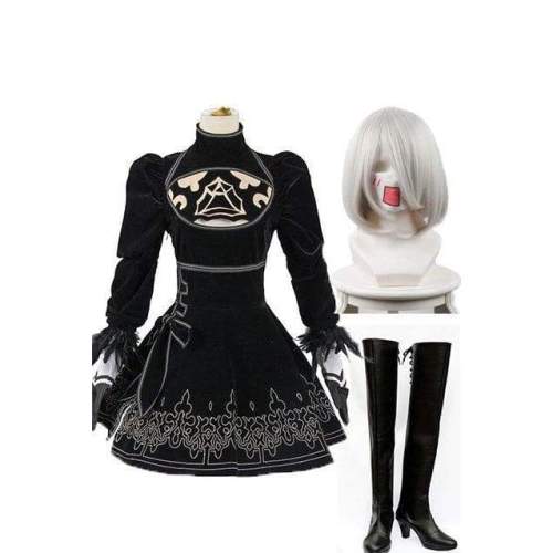 Nier:Automata 2B Cosplay Costume + Wigs + Shoes