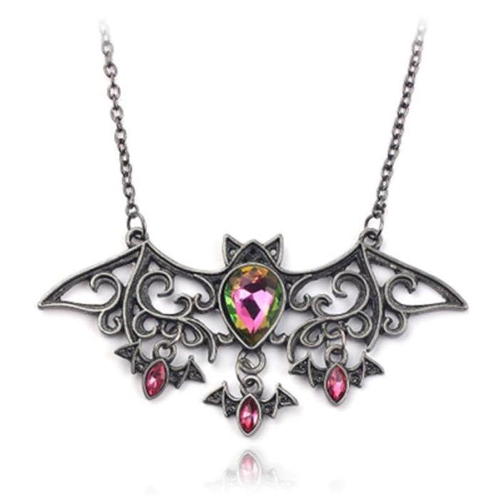 Striking Gothic Style Rhinestone Bat Necklace