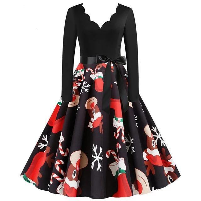 Black Big Swing Print Vintage Christmas Dress Women Winter Casual Long Sleeve V Neck Sexy New Year Party Dress Plus Size S~3Xl