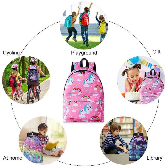 School Bags For Girls Pink Rainbow Unicorn Printed Backpack