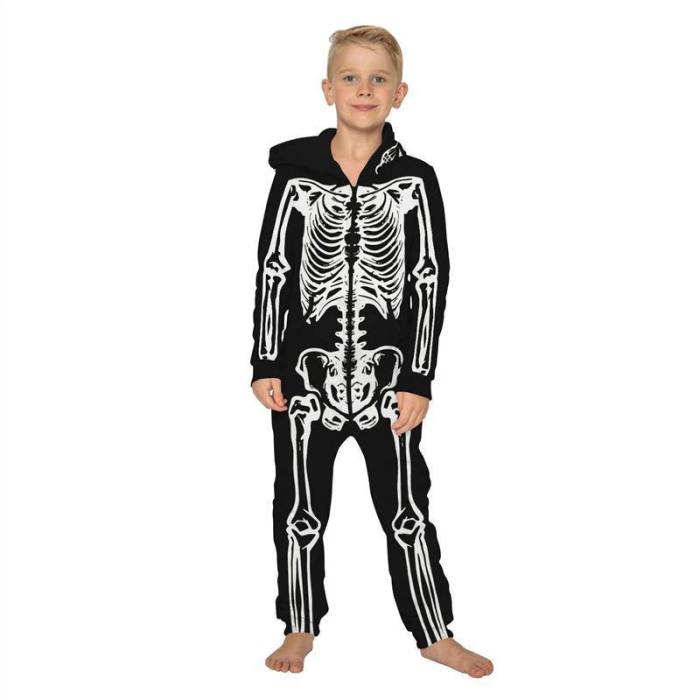 Children'S Jumpsuit Halloween Skull Printing Kids Rompers Nightwear Homewear Zipper Clothing