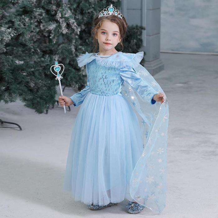 New Kids Frozen Elsa Princess Girls Costume Dresses With Crown Wand Cosplay Party Holiday