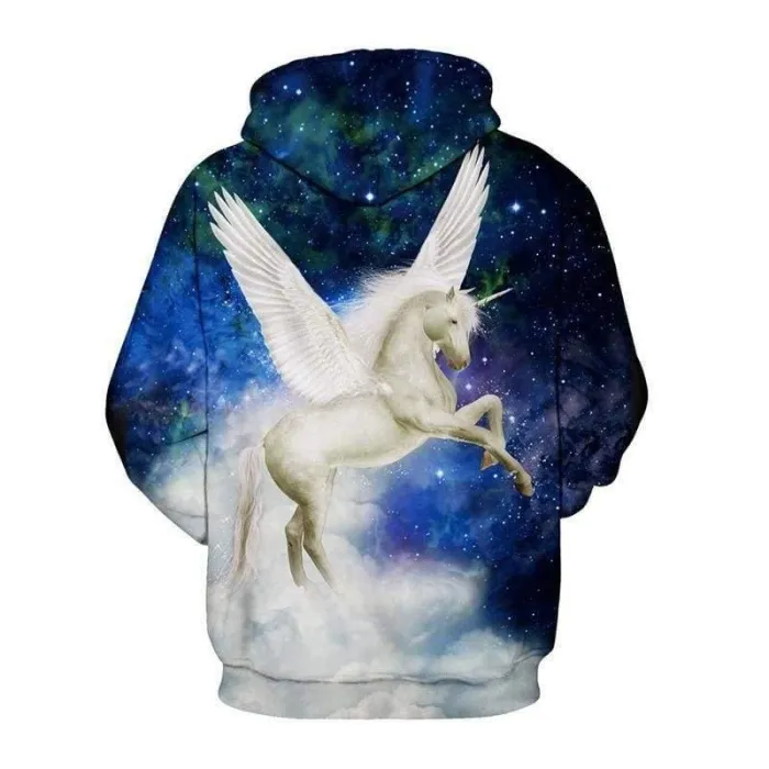 3D Print Hoodie - White Flying Unicorn Pattern Pullover Hoodie