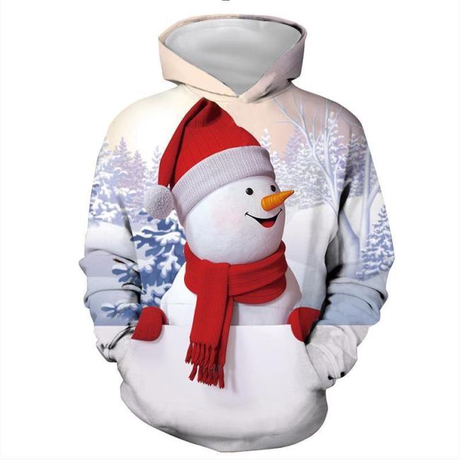 Mens Hoodies 3D Graphic Printed Christmas Snowman White Pullover Hoodie