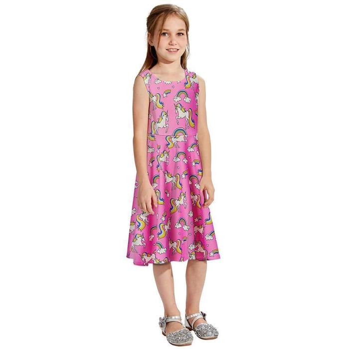 Toddler Girls Summer Dress Rainbow Unicorn Sleeveless Casual Dress