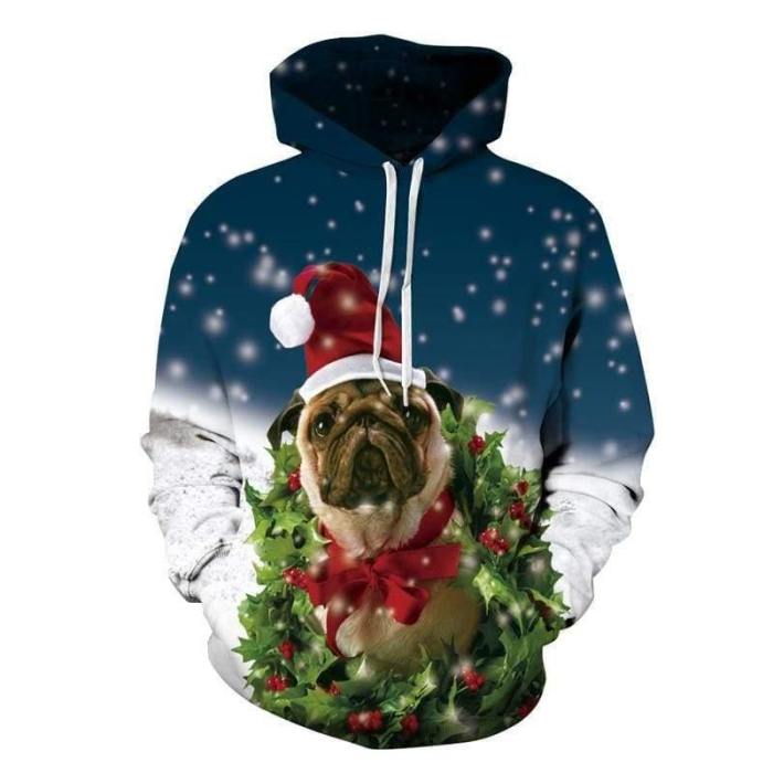 3D Print Hoodie - Cute Dog Christmas Pattern Pullover Hoodie
