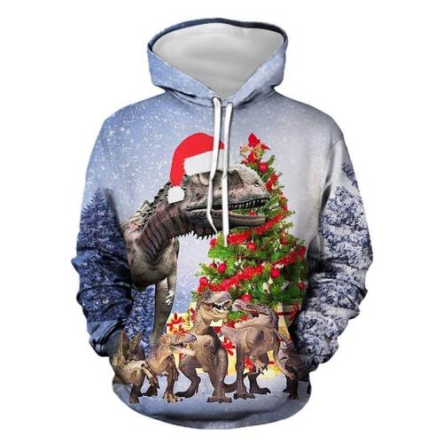Mens Hoodies 3D Graphic Printed Merry Christmas Dinosaur Pullover Hoodie