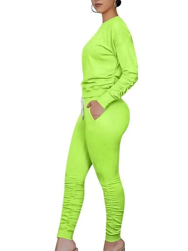 Crew Neck Pullover Ruched Pants Sweat Suits For Women