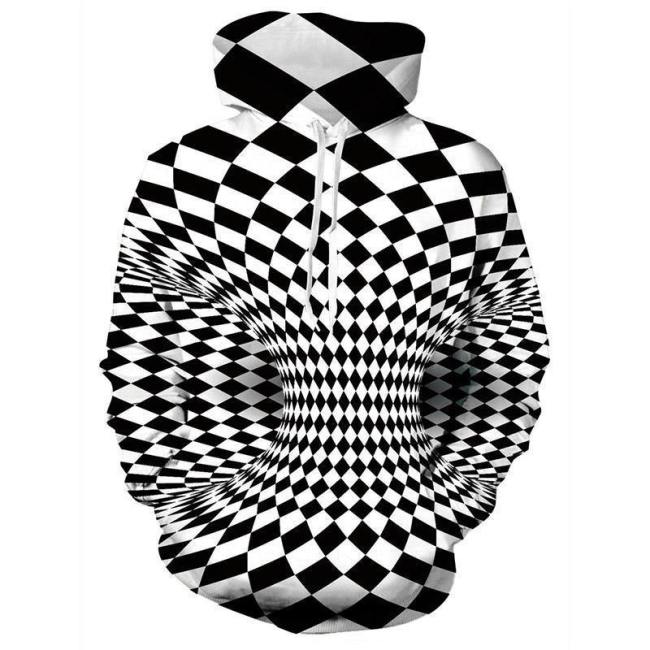Mens Hoodies 3D Printing Hooded Checkerboard Printed Pattern Sweatshirt