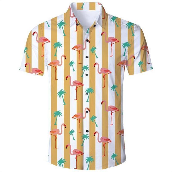 Men'S Hawaiian Short Sleeve Shirts Yellow Stripes Flamingo Print