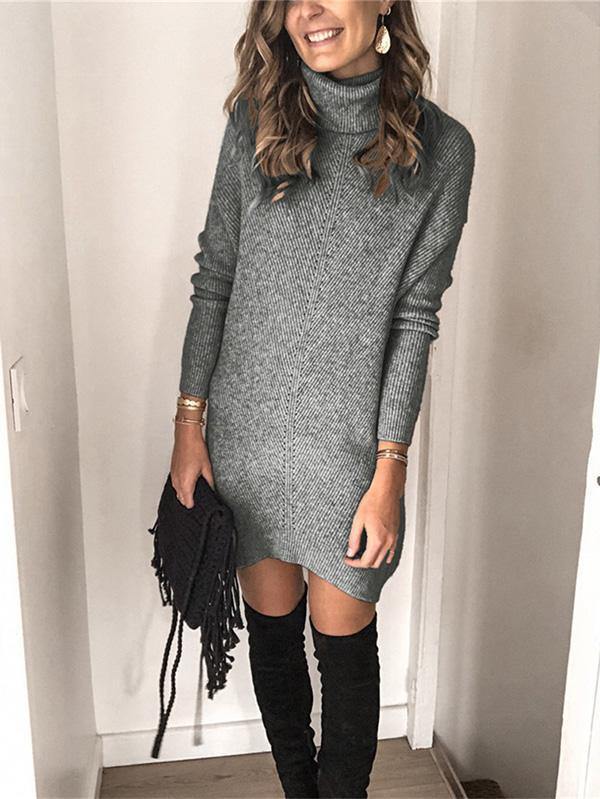 Casual Turtleneck Pullover Long Sleeve Sweater Dress