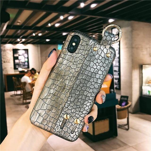 Luxury Plain Croc Leather Phone Case With Hand Strap Holder