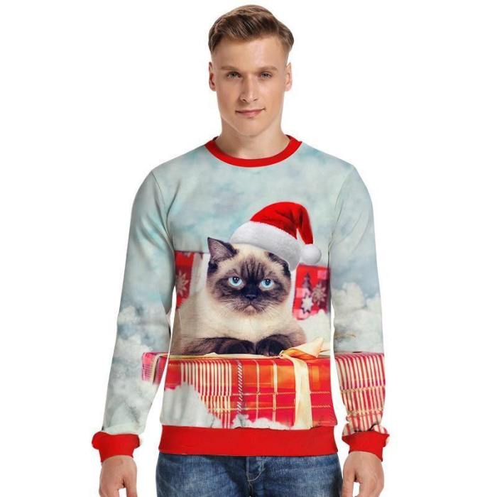 Mens Pullover Sweatshirt 3D Printed Merry Christmas Cat With Gifts Long Sleeve Shirts