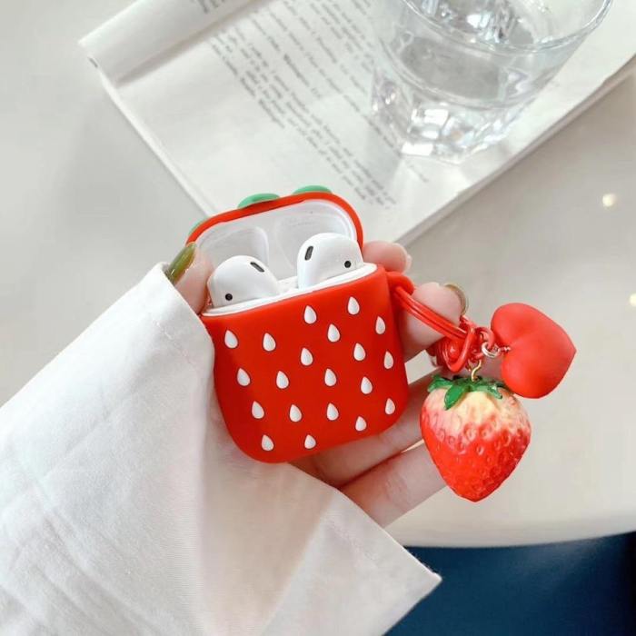 3D Bold Red Strawberry Apple Airpods Protective Case Cover With Keychain