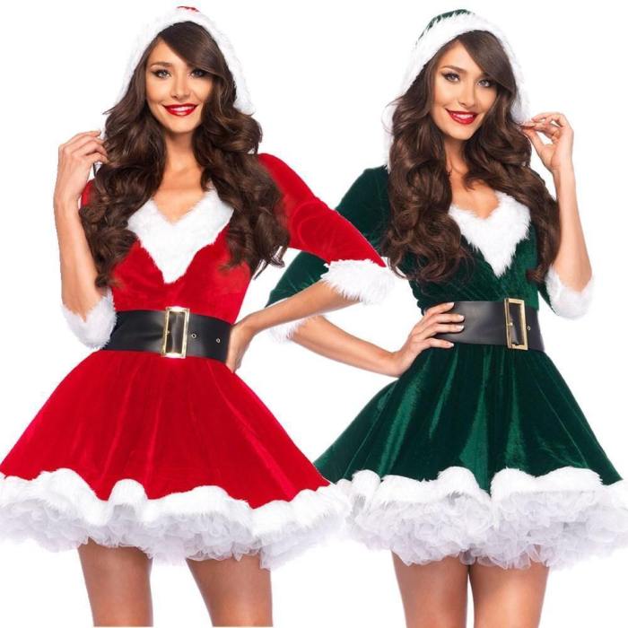 Fashion Adults Lady Women Slim Fit Hooded Sexy Velvet Christmas Suit Costumes Female  Santa Claus Cosplay Xmas Party Fancy Dress