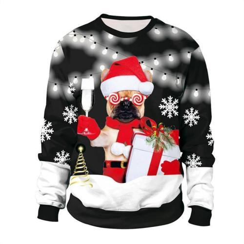 Mens Black Pullover Sweatshirt 3D Graphic Printing Merry Christmas Dog Deer Pattern