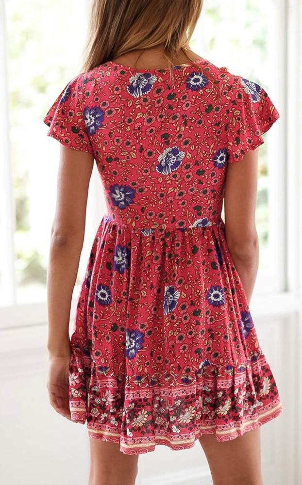 Women'S Summer Bohemian Floral Printed Short Sleeve V Neck Button Ruffle Swing Beach Mini Dress