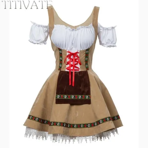 Fashion Oktoberfest Beer Girl Costume Maid Wench Germany Bavarian Short Sleeve Fancy Dress Dirndl For Adult Women