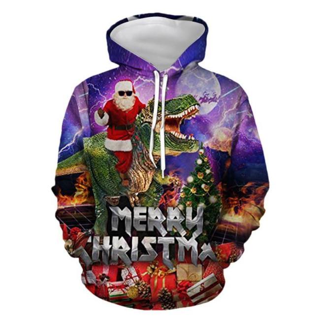 Mens Hoodies 3D Graphic Printed Christmas Dinosaur Pullover Hoodie