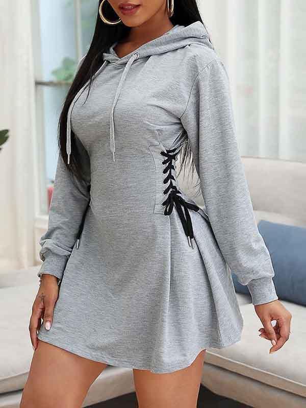 Solid Long Sleeve Lace Up Hoodie Dress For Women