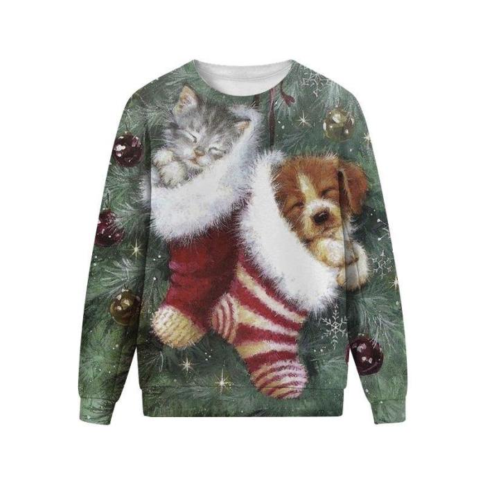 Mens Pullover Sweatshirt 3D Printed Christmas Warm Dog Cat Long Sleeve Shirts