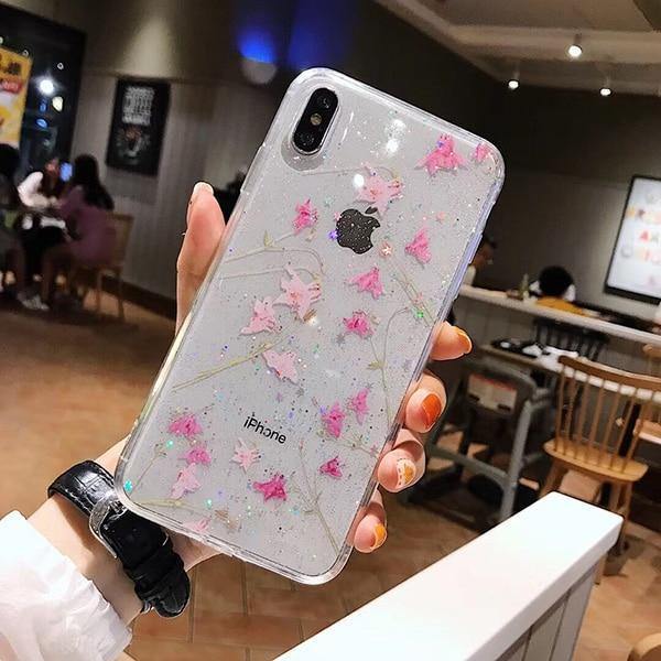 Real Pressed Dried Pink Sakura Flower Glitter Phone Case