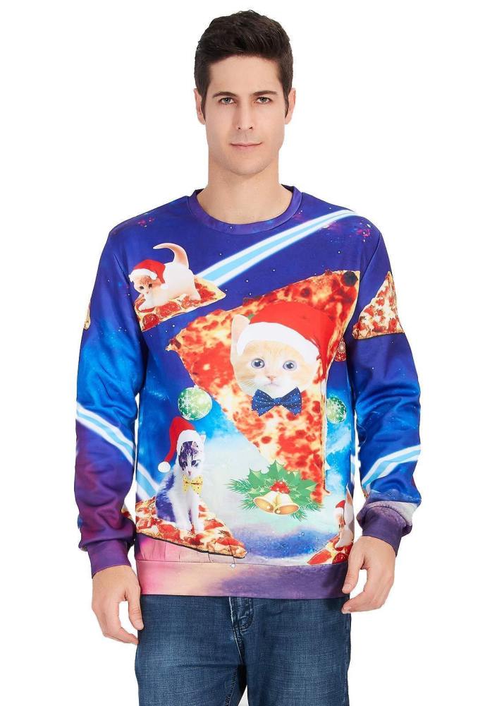 Mens Pullover Sweatshirt 3D Printing Galaxy Pizza Cat Pattern