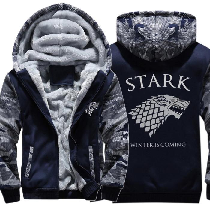 Mens Hoodie Game Of Thrones House Stark Wolf Fleece Thick Zip-Up Sweatshirt Gray Navy