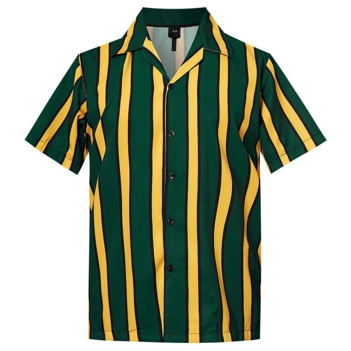 Men'S Hawaiian Shirt Yellow-Green Stripes Printing