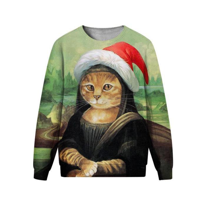 Mens Pullover Sweatshirt 3D Printed Christmas Elegant Cat Long Sleeve Shirts