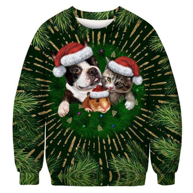 Mens Pullover Sweatshirt 3D Printed Christmas Animal Party Green Long Sleeve Shirts