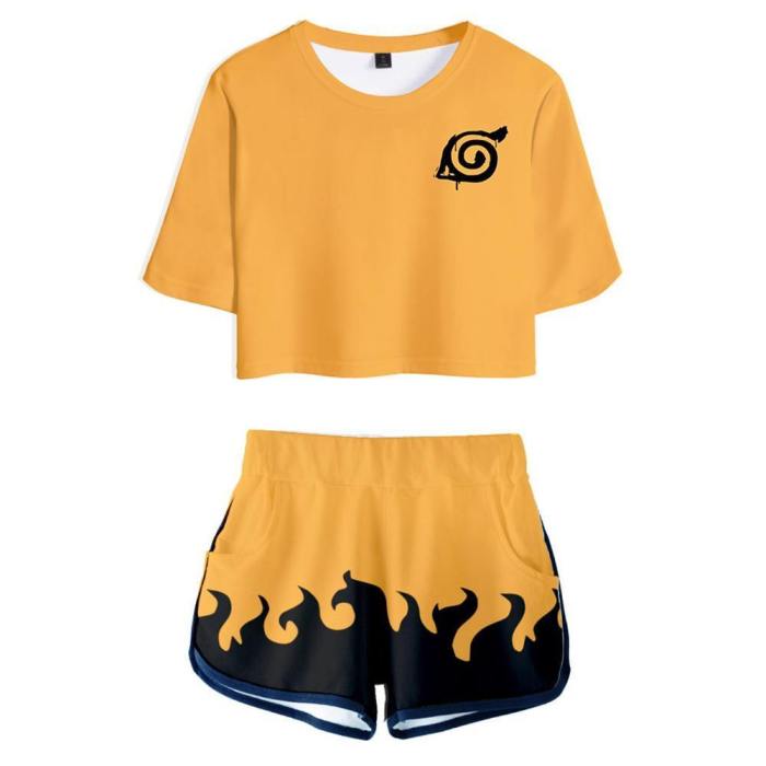 Women Naruto Crop Top Sets Uzumaki Naruto Cosplay Short Sleeve T-Shirt Shorts 2 Pieces Sets Casual Clothes