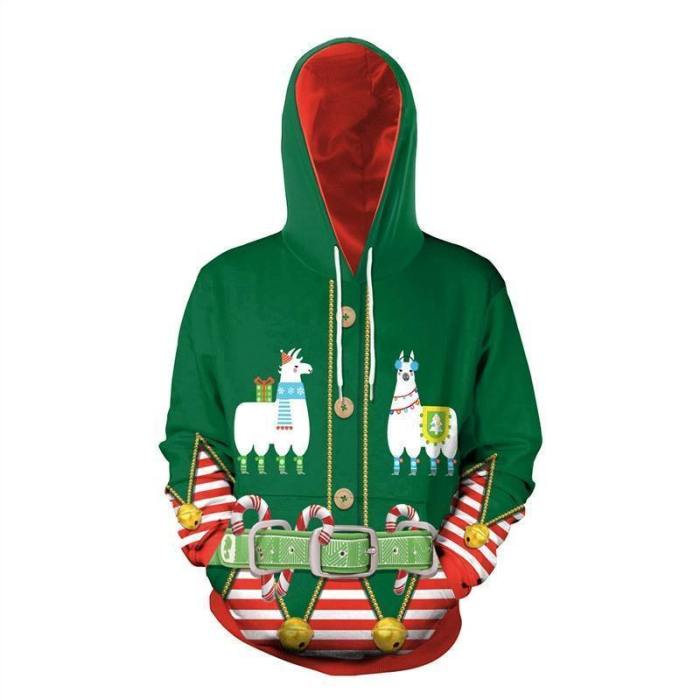 Mens Green Hoodies 3D Graphic Printed Merry Christmas Sheep Pattern Pullover